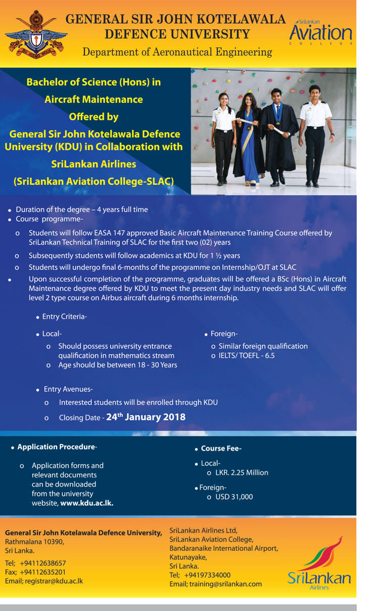 Bachelor of Science (Hons) in Aircraft Maintenance - Department of Aeronautical Engineering - General Sir John Kotelawala Defence University 